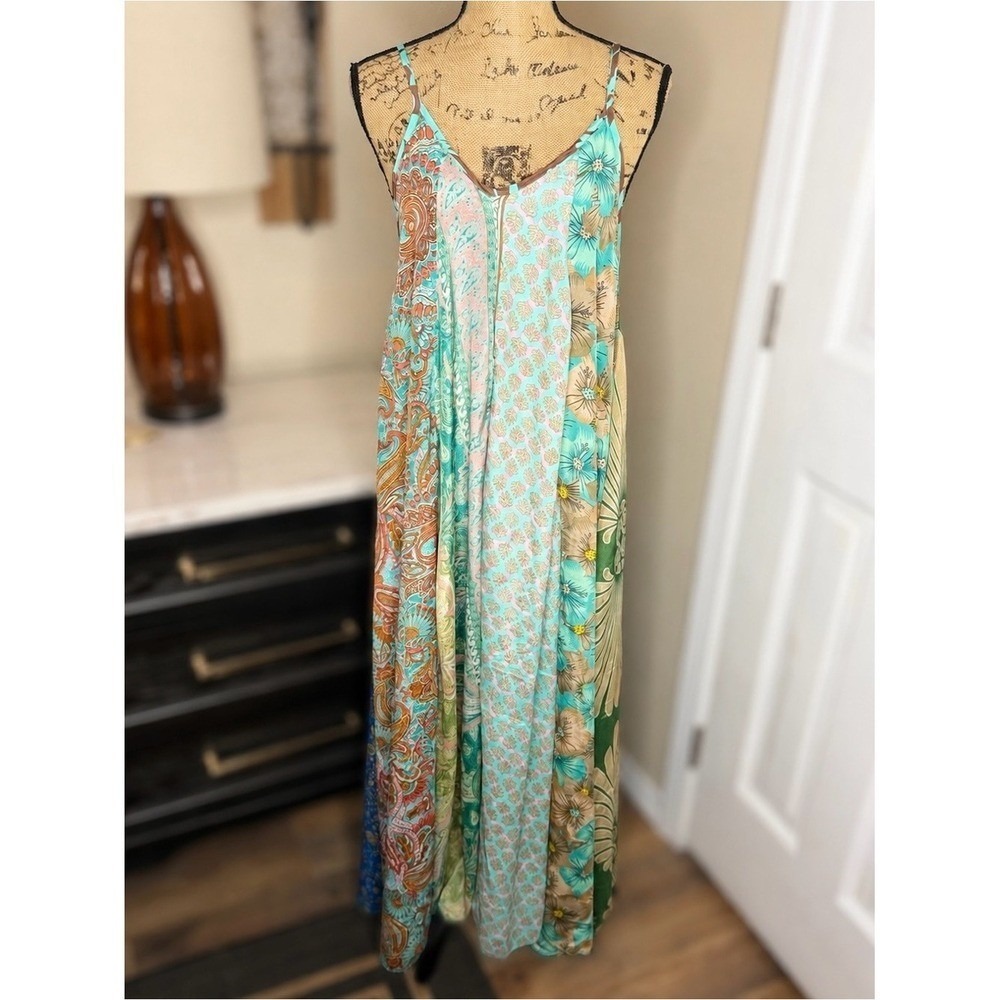 Karma Highway Bohemian Spaghetti-Strap Maxi Dress in Aqua Floral Patchwork